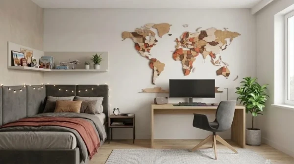 duża mapa świata z drewna handmade do pokoju nastolatka na jasnej ścianie