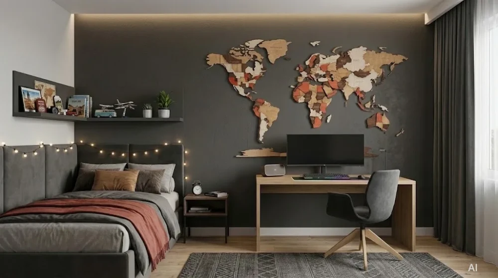 duża mapa świata z drewna handmade do pokoju nastolatka na ciemnej ścianie