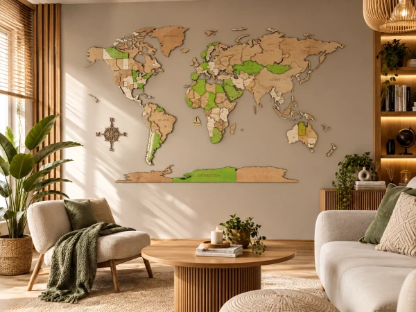 Trójwymiarowa drewniana mapa świata 3D na ścianie w kolorach zielona limonka winchester i naturalna sklejka na ścianie w salonie