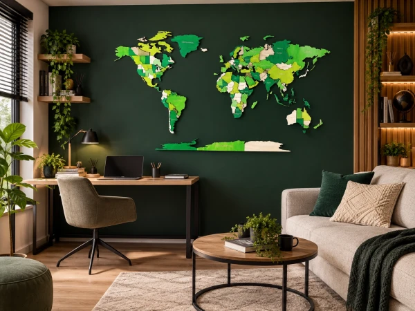 Drewniana mapa świata 3D na ścianę w odcieniach zieleni i naturalnej sklejki w salonie