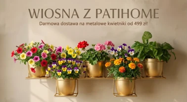biały metalowy kwietnik do salonu oraz drewniany stojak