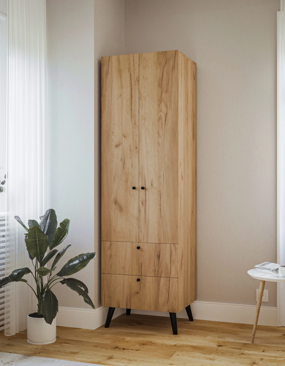 Wąska szafa 60 cm dąb na czarnych nóżkach z dwiema szufladami Patihome